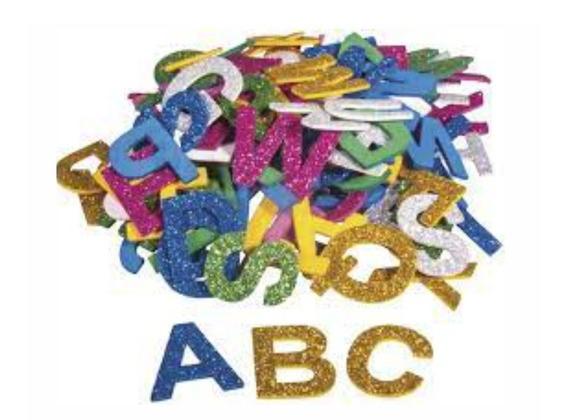 GOMA EVA APLICACIONES LETRAS C/BRILLO  X 24 UN.8 CM