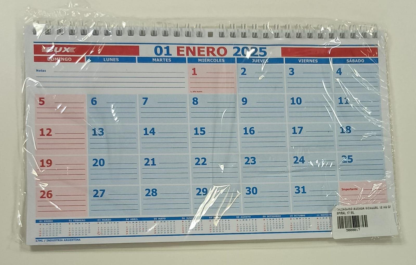 CALENDARIO AGENDA MENSUAL 12 HS C/ESPIRAL 17 ML