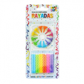 COTILLON VELAS RAYADAS MULTICOLOR/RO/CE C/12 BASES X 24 UN (VTR6MU/RS/G/B